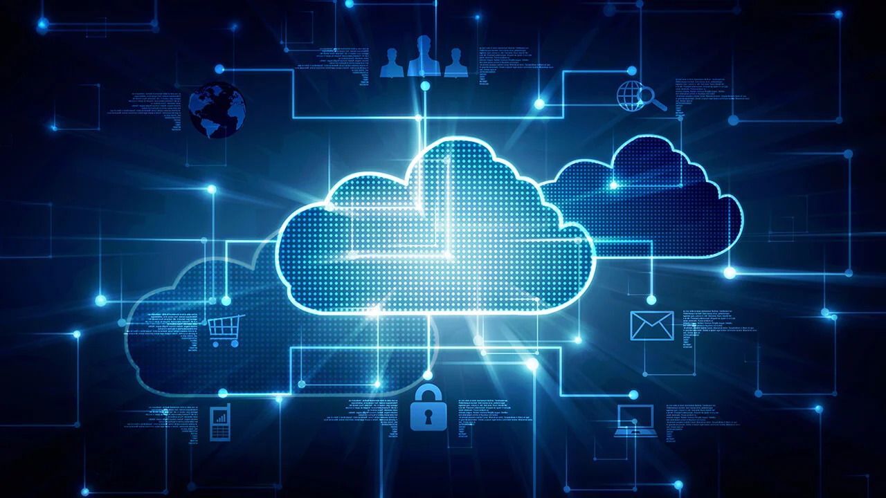 Detroit business district skyline background with Cloud Migration Services Detroit digital illustration