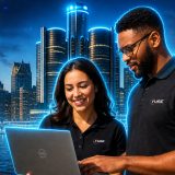 Fuse Technology Group team members collaborating on a laptop with a modern city skyline in the background, highlighting managed IT, cybersecurity, and cloud solutions.